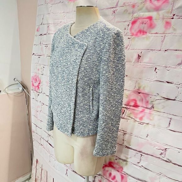 Joie Women's Hidden Zip-Up Tweed Long Sleeve Blue / White Moto Jacket Size L - Picture 4 of 13